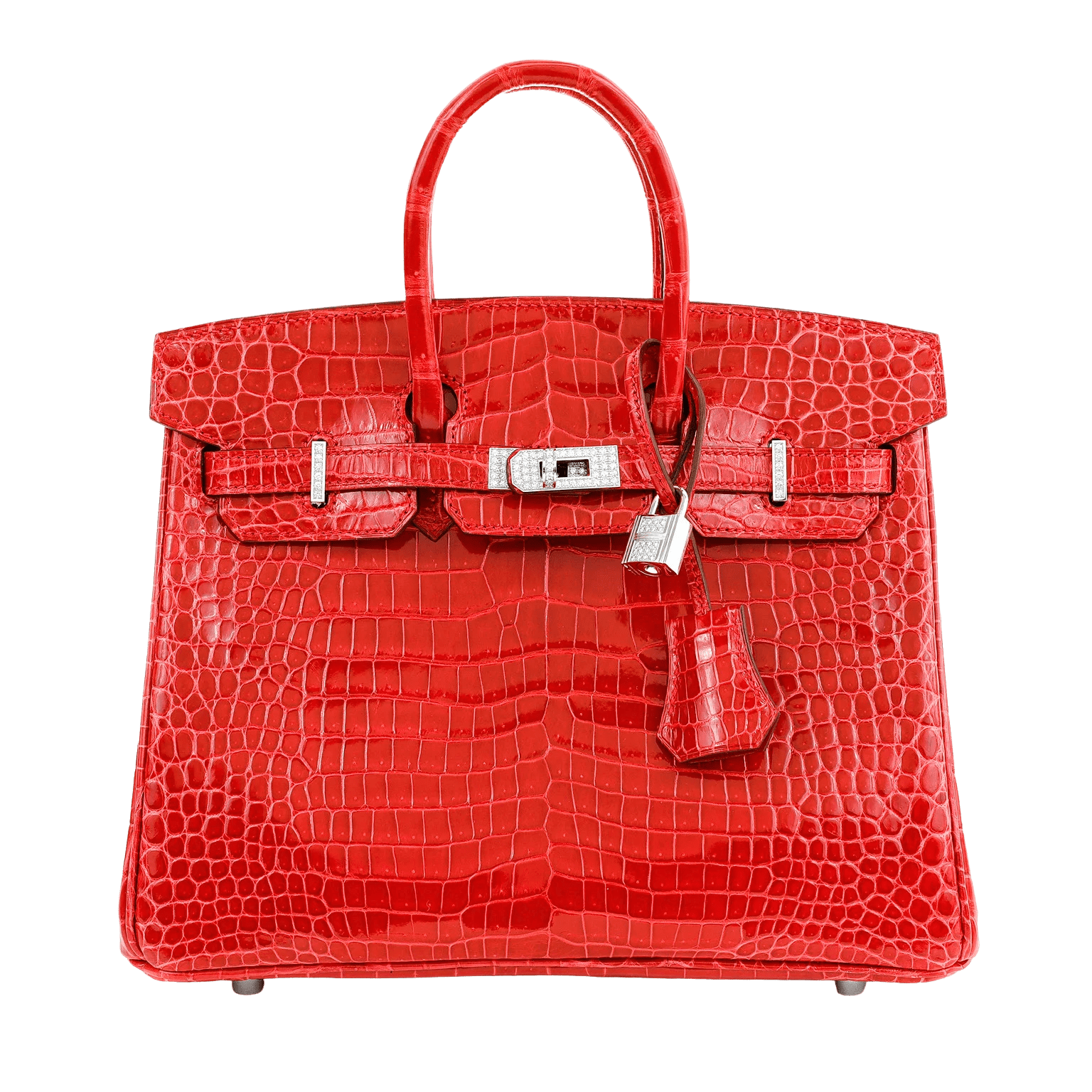 HERMÈS 25 CM LIPSTICK RED POROSUS CROCODILE DIAMOND ENCRUSTED BIRKIN