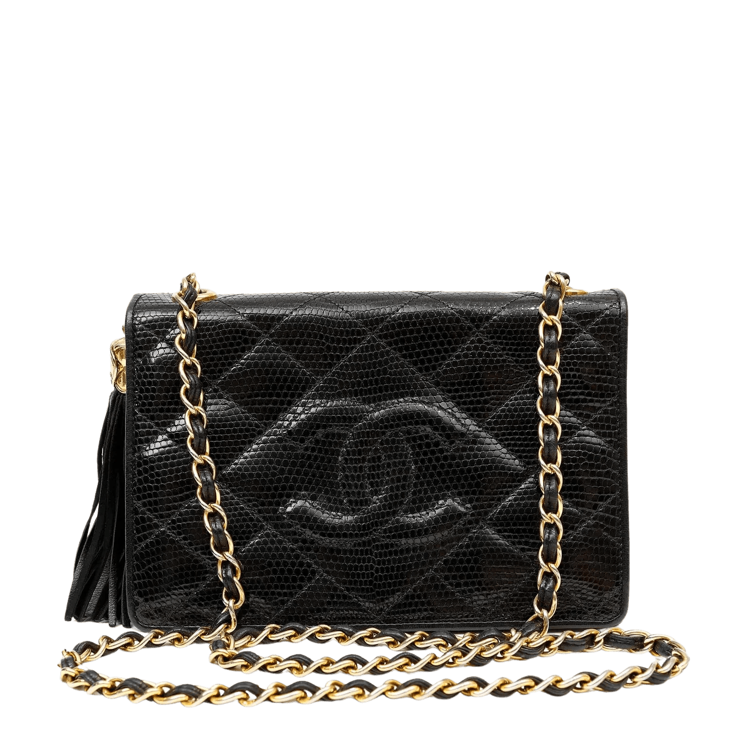 CHANEL VINTAGE BLACK LIZARD CROSSBODY TASSEL BAG