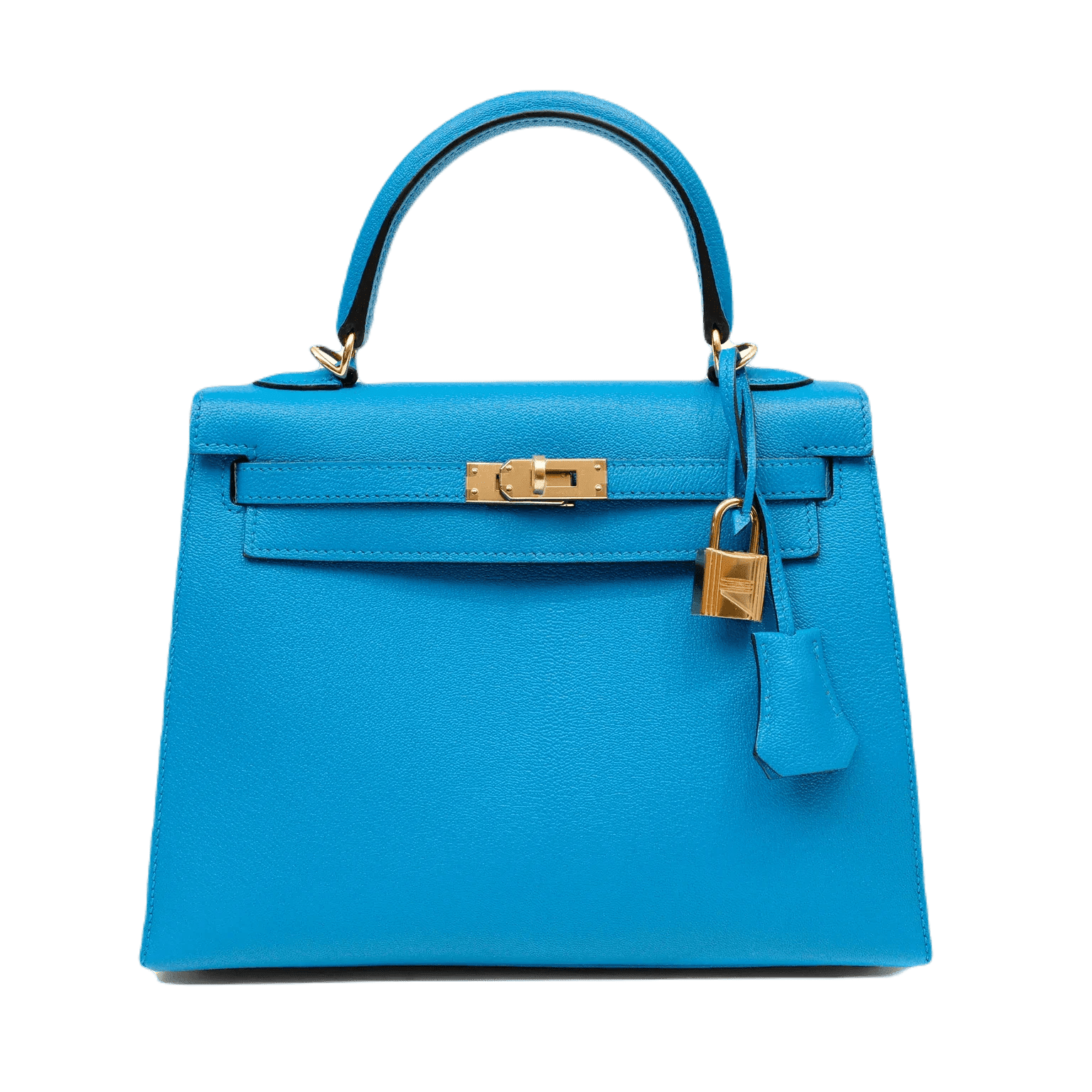 HERMÈS 25CM TURQUOISE BLUE CHEVRE KELLY WITH GOLD HARDWARE